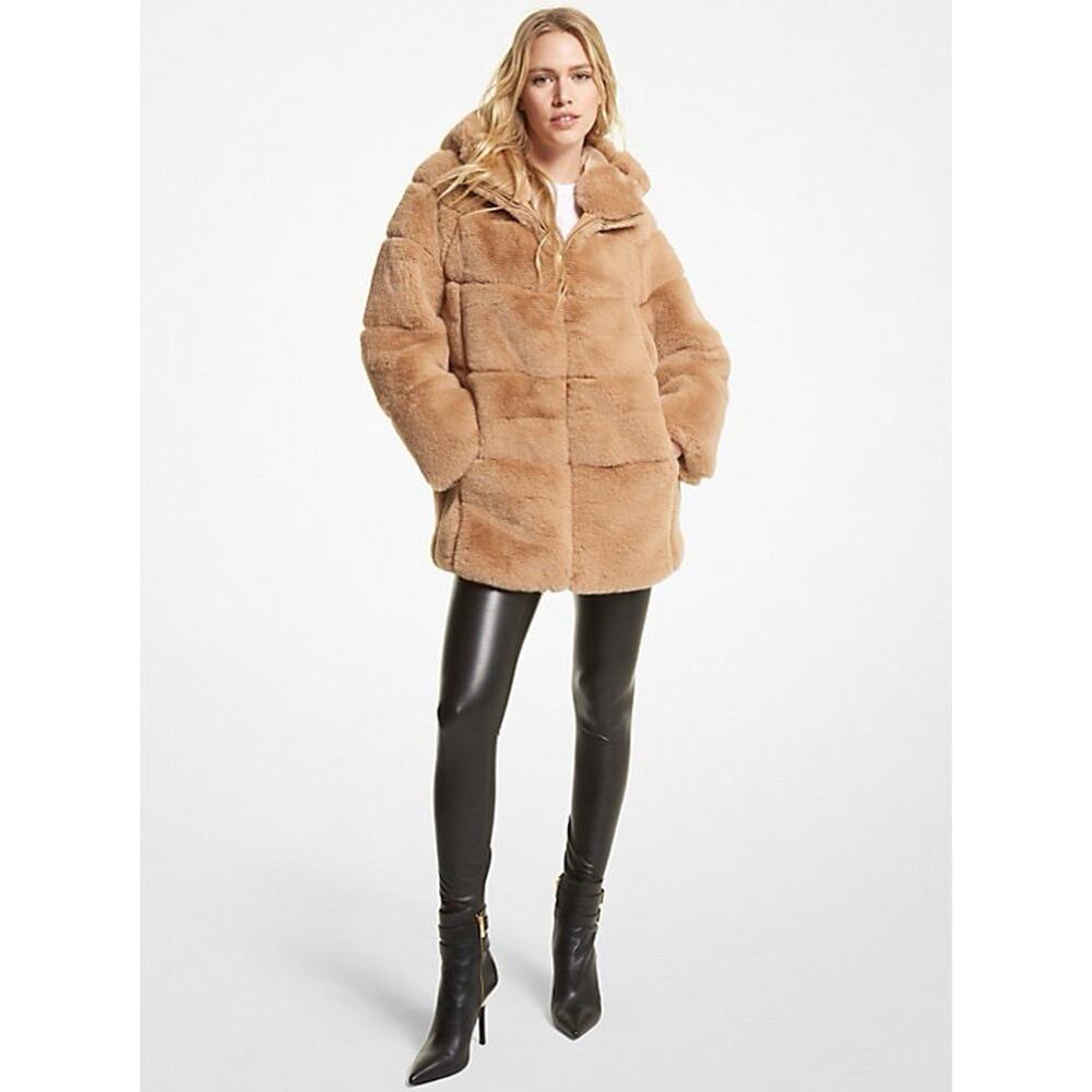 QIYE FAUX FUR HOODED TAN RIBBED GLAM FURRY RAVE JACKET ONE SIZE